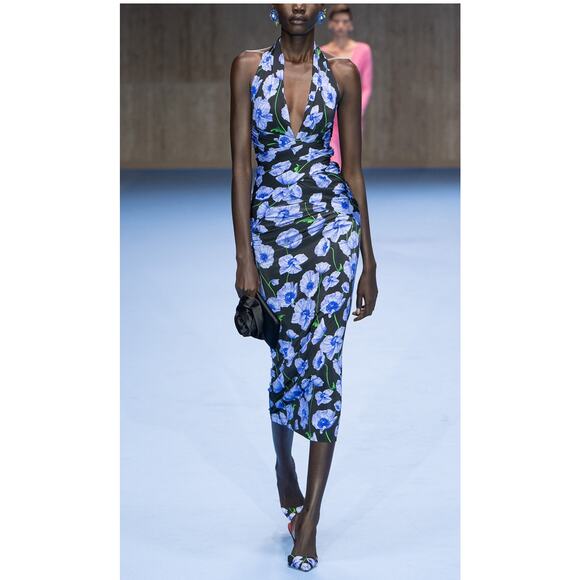 Carolina Herrera Floral Print Jersey Halterneck Dress in Black Multi S - Picture 1 of 6
